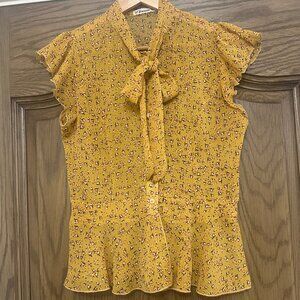Flutter Sleeve Forever 21 Peplum Top Blouse Self Tie Mustard Yellow Floral Sheer